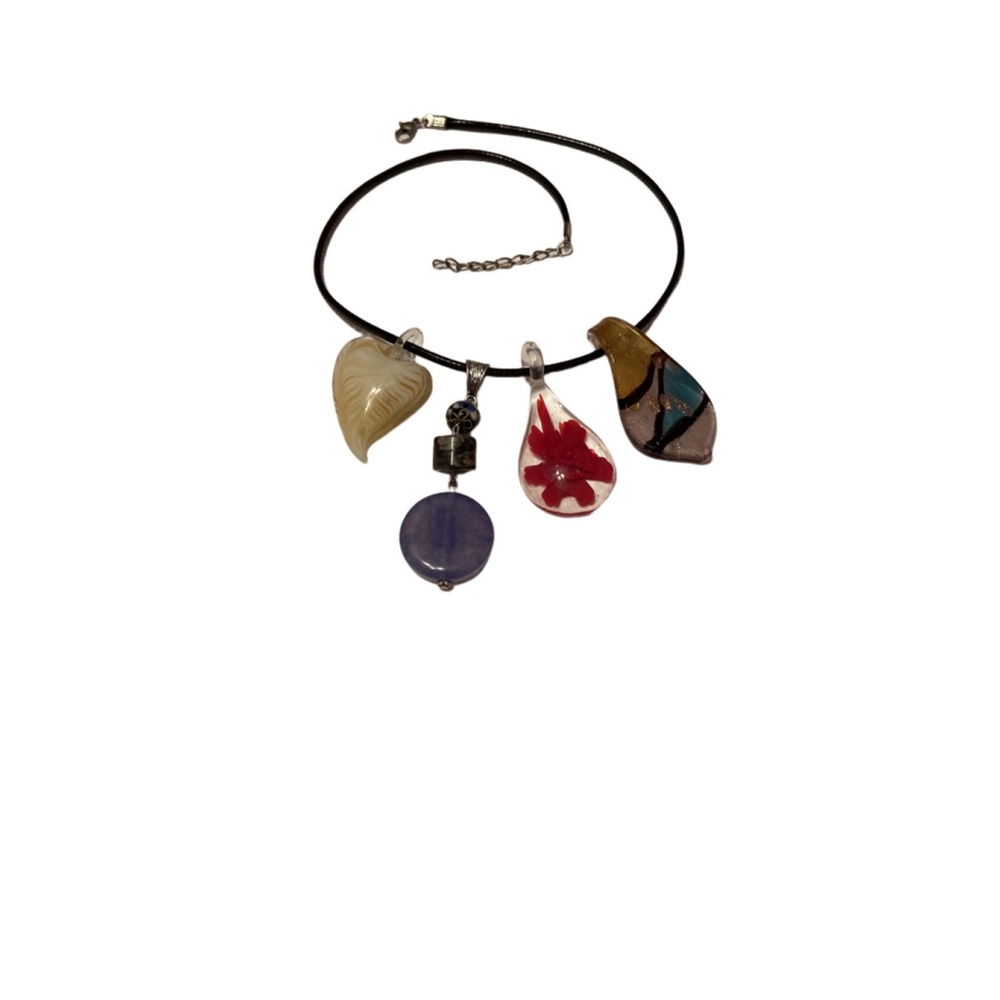 Medallion Cord Necklace with 4 Interchangeable Glass & Natural Stone Pendants